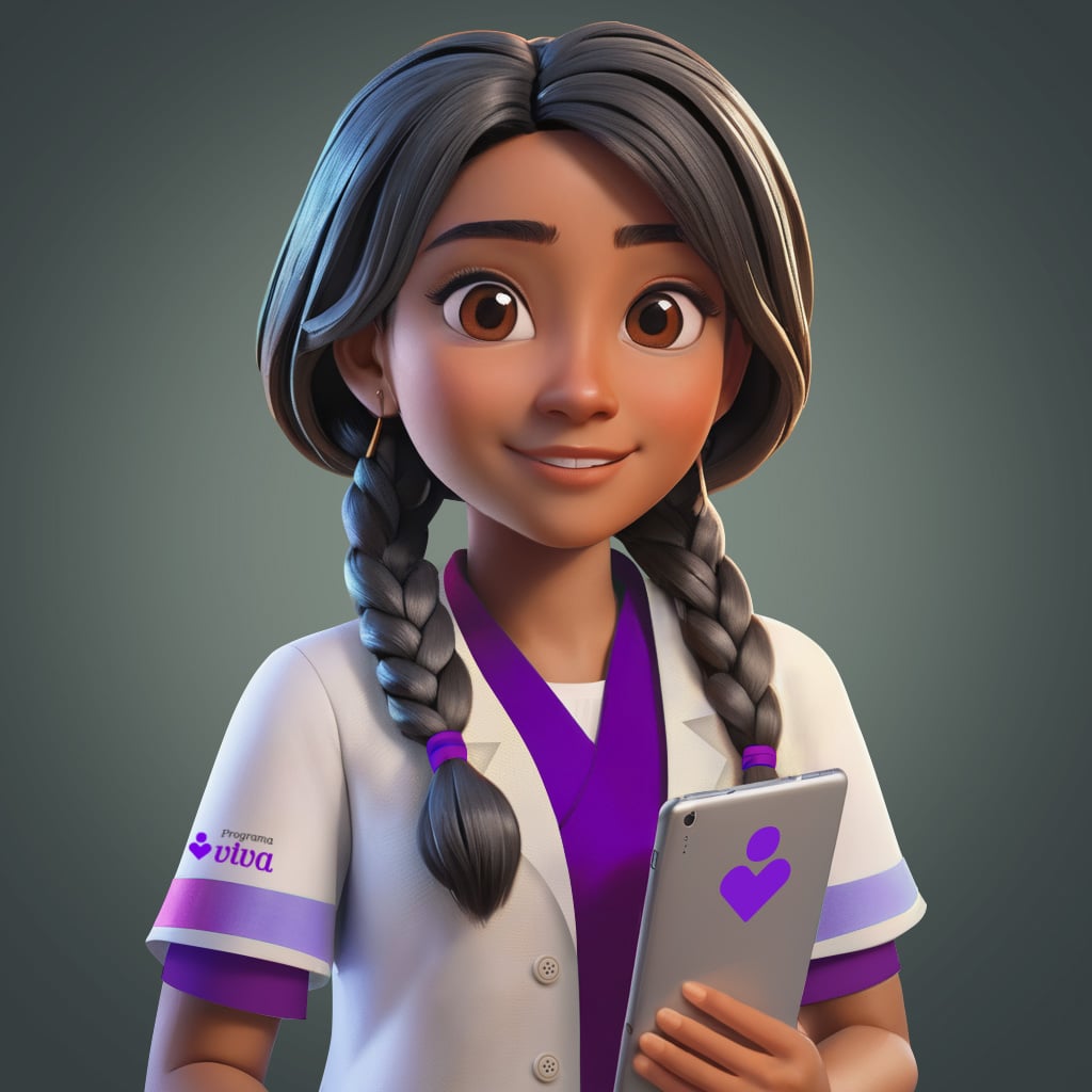Vitória, the AI conversational avatar designed for the Sanofi PSP Viva program — a stylized 3D character of a young Brazilian nurse in a white-and-purple uniform, holding a tablet with the Programa Viva logo.