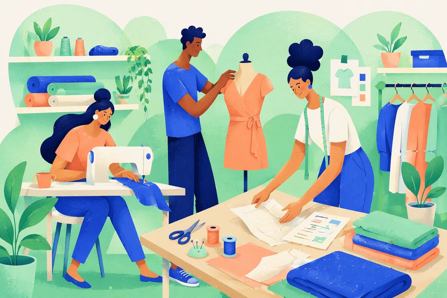 Illustration of three people working in a small sewing studio