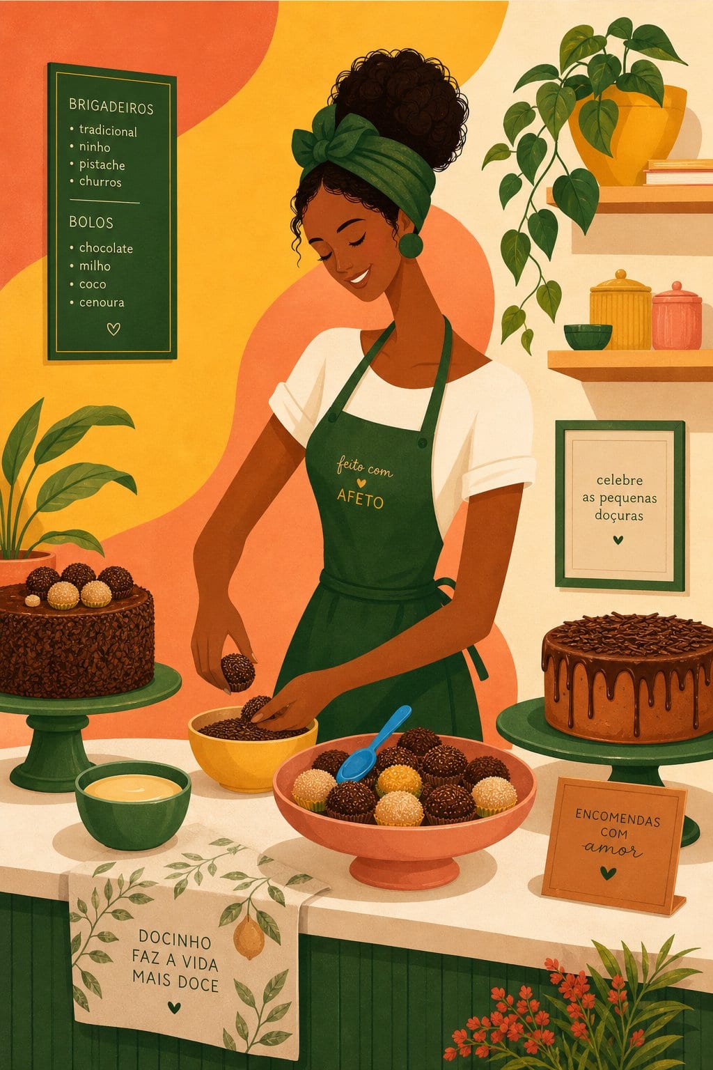 Illustration of a Brazilian confectioner in a cozy sweet shop