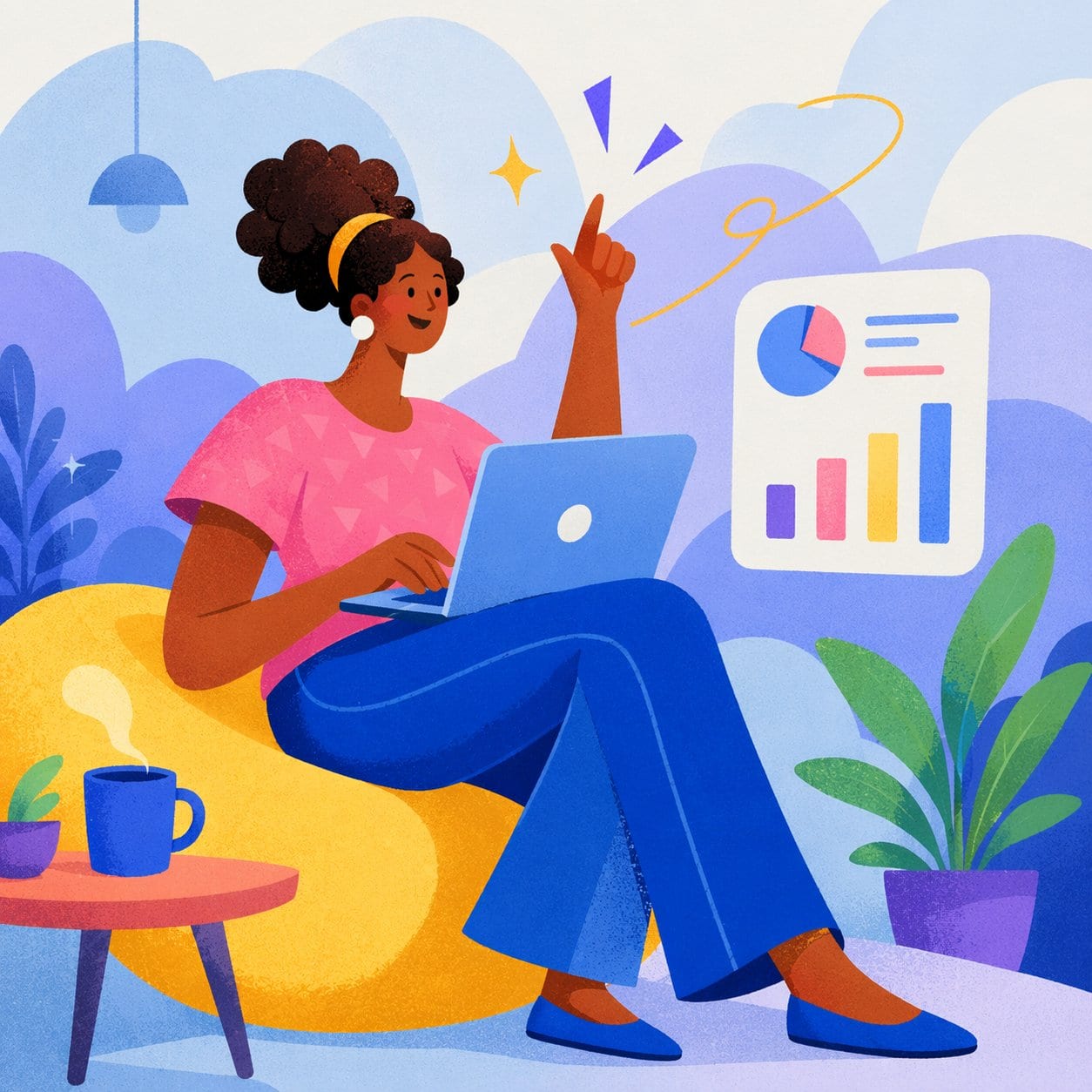 Illustration of a Brazilian entrepreneur reviewing data on a laptop