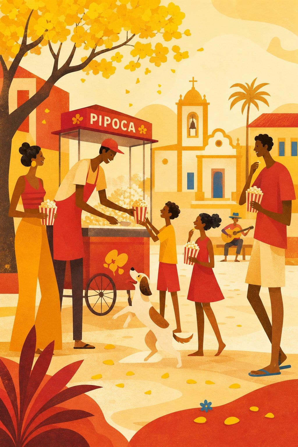 Illustration of a popcorn vendor in a Brazilian town square with a family, a dog and a street musician in warm yellow and red tones