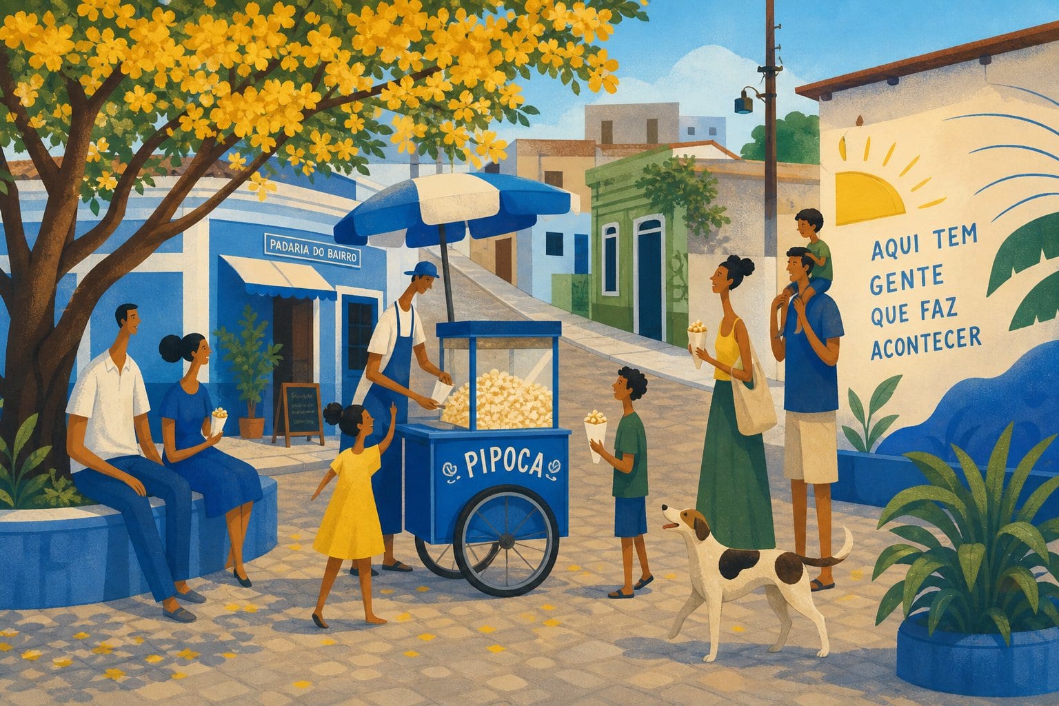 Illustration of a popcorn vendor under a yellow ipê tree in a Brazilian street, with the message 'Aqui tem gente que faz acontecer'
