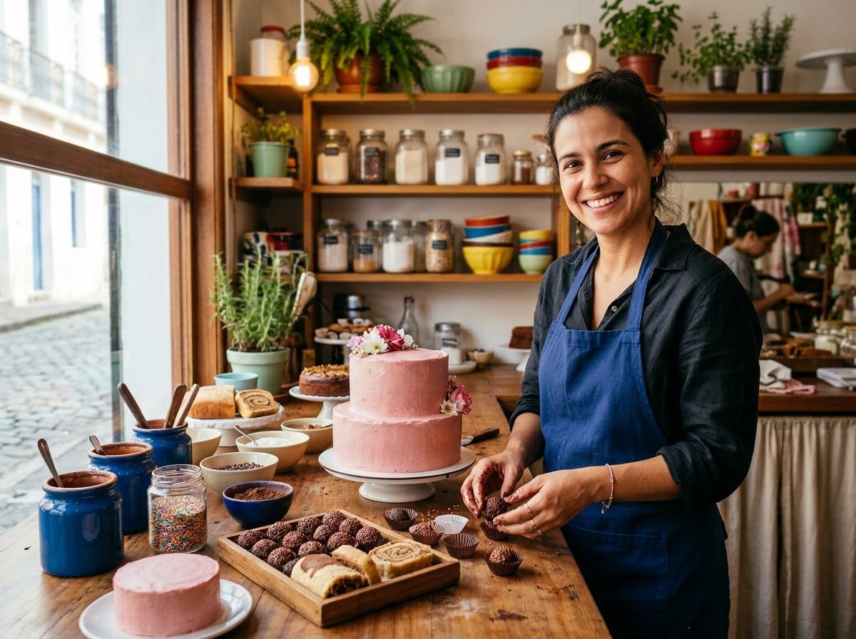 Confectioner rolling brigadeiros in a cozy Brazilian sweet shop