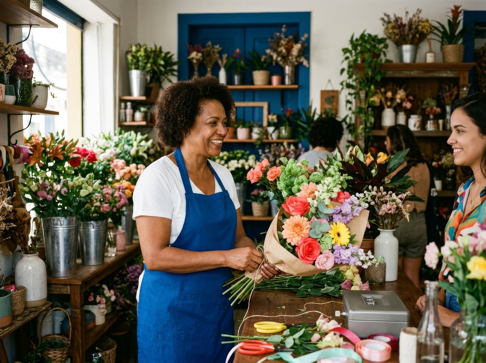 Florist serving a customer in a Brazilian neighborhood flower shop