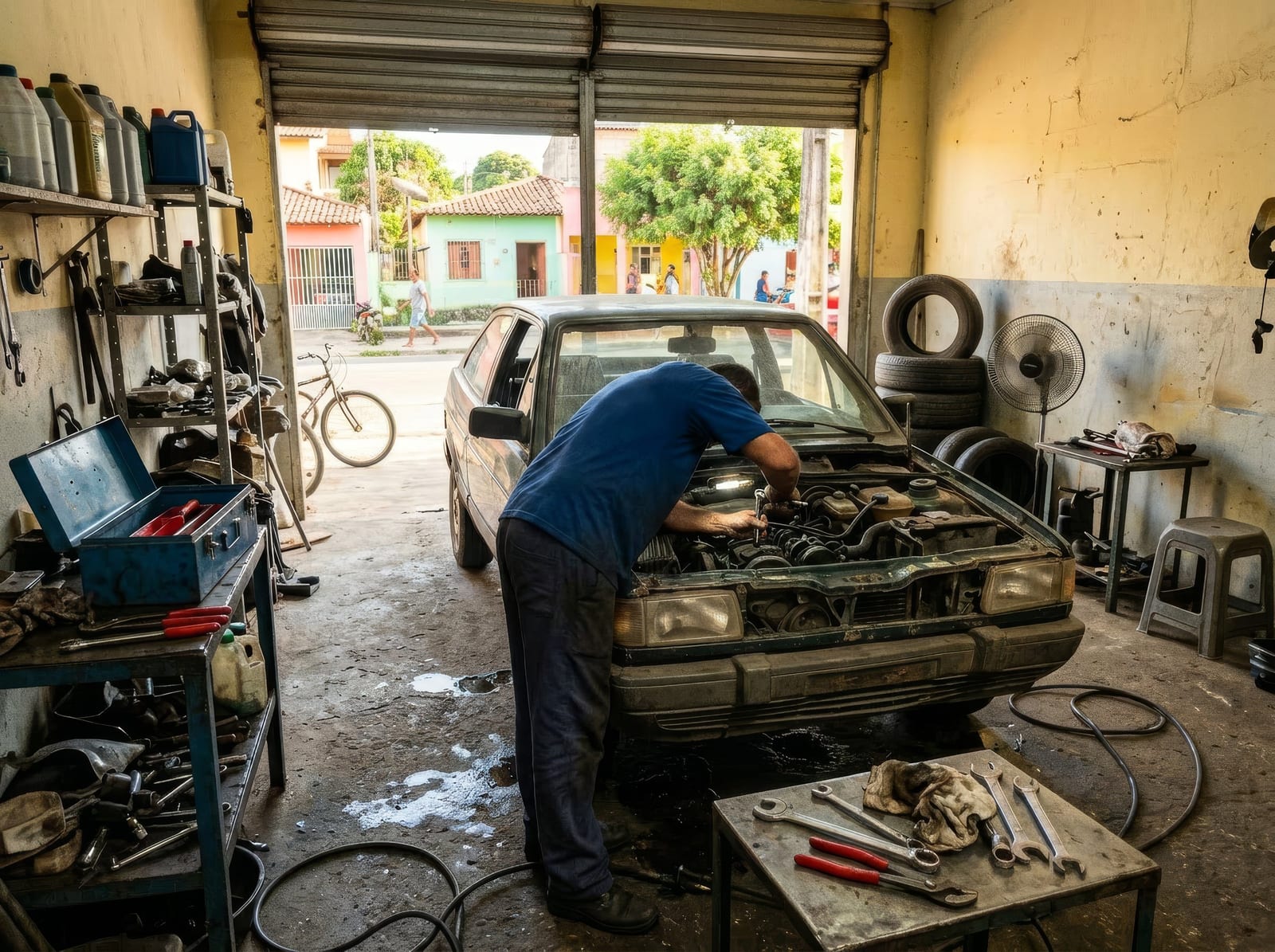Mechanic repairing a car in a small Brazilian neighborhood auto repair shop
