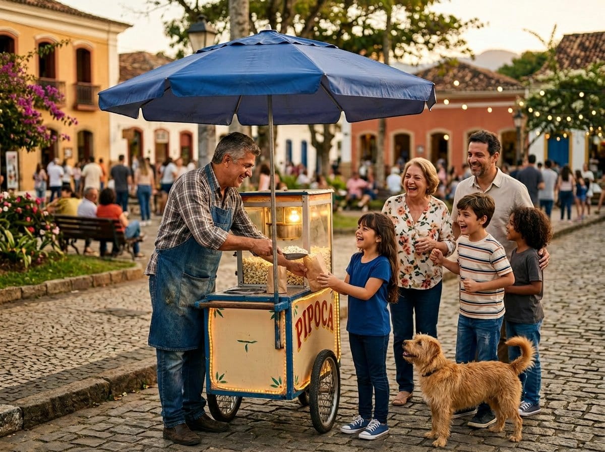 Popcorn vendor in a Brazilian town square with children and a dog